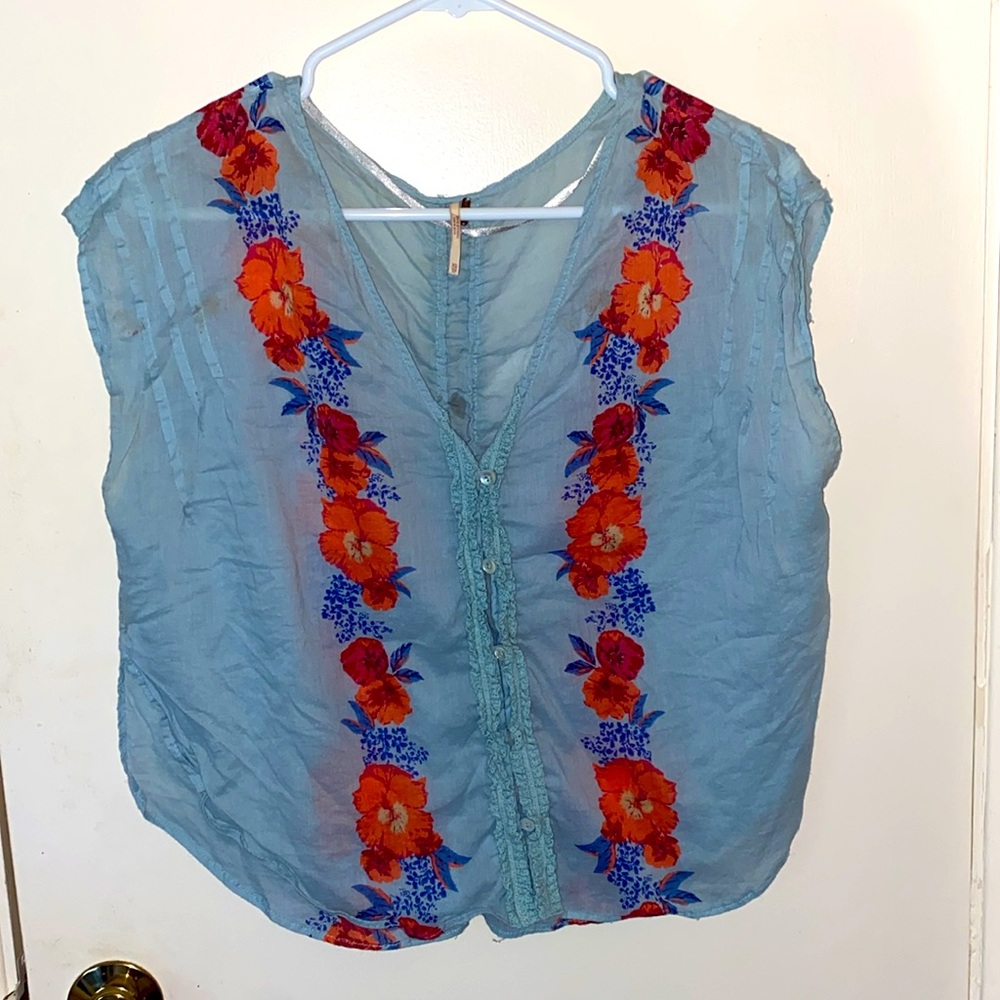FREE PEOPLE Gardenia Print Floral Button Down Relaxed Top Sea Blue size XS
